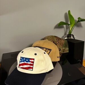 Caps Set - Vintage white American flag Hat, Black Farming Hat, Camo Hat